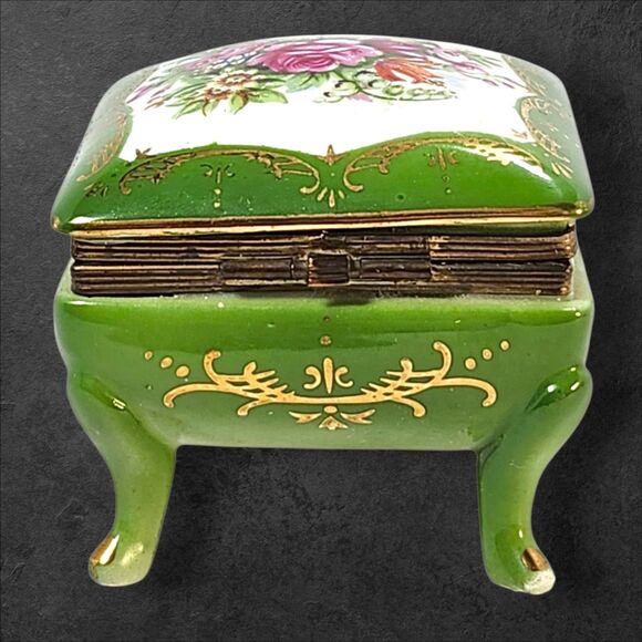 Vintage Norleans Japan Footed Porcelain Trinket Box Green Floral Gilt Vanity - Picture 6 of 11